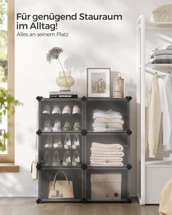 FurnStar - Schoenenrek met 6 vakken - schoenenkast - 30 x 40 x 30 cm per vak - smal - met deuren - stalen frame - kunststof - voor hal - slaapkamer - entree - zwart
