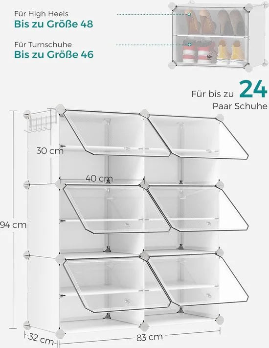FurnStar - Schoenenrek met 6 vakken - schoenenkast - 30 x 40 x 30 cm per vak - smal - met deuren - stalen frame - kunststof - voor hal - slaapkamer - entree - wit