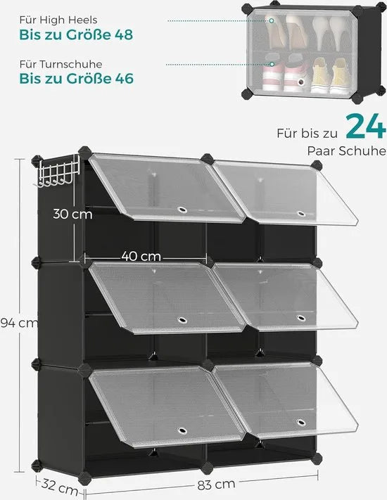 FurnStar - Schoenenrek met 6 vakken - schoenenkast - 30 x 40 x 30 cm per vak - smal - met deuren - stalen frame - kunststof - voor hal - slaapkamer - entree - zwart