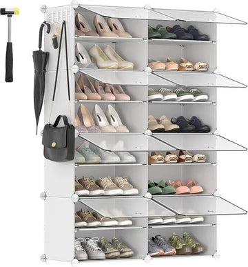 FurnStar - Schoenenrek met 8 vakken - schoenenkast - 30 x 40 x 30 cm per vak - smal - met deuren - stalen frame - kunststof - voor hal - slaapkamer - entree - wit