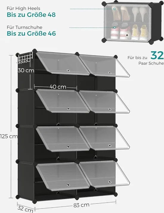 FurnStar - Schoenenrek met 8 vakken - schoenenkast - 30 x 40 x 30 cm per vak - smal - met deuren - stalen frame - kunststof - voor hal - slaapkamer - entree - zwart