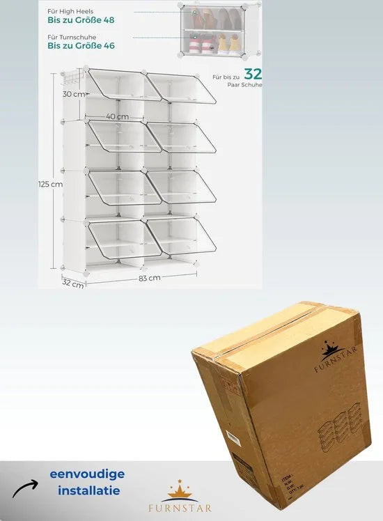 FurnStar - Schoenenrek met 8 vakken - schoenenkast - 30 x 40 x 30 cm per vak - smal - met deuren - stalen frame - kunststof - voor hal - slaapkamer - entree - zwart – Wit