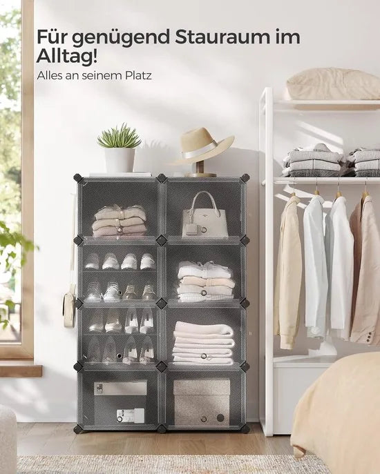 FurnStar - Schoenenrek met 8 vakken - schoenenkast - 30 x 40 x 30 cm per vak - smal - met deuren - stalen frame - kunststof - voor hal - slaapkamer - entree - zwart