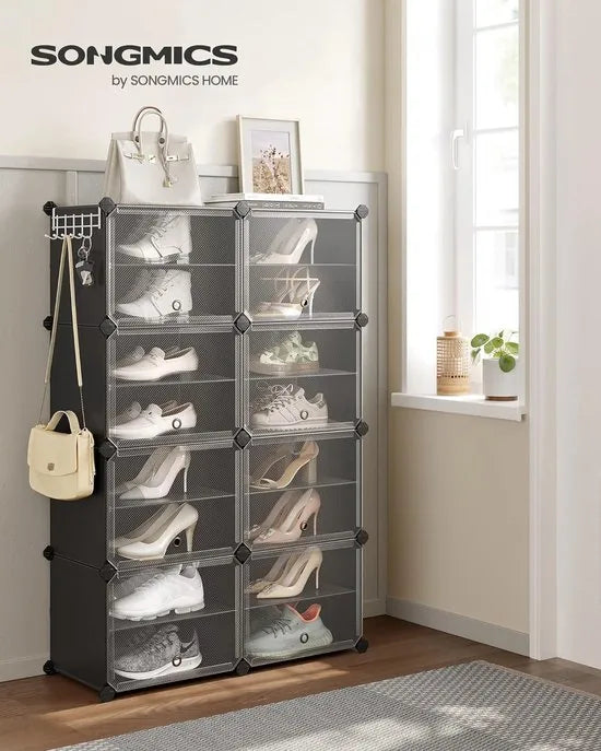 FurnStar - Schoenenrek met 8 vakken - schoenenkast - 30 x 40 x 30 cm per vak - smal - met deuren - stalen frame - kunststof - voor hal - slaapkamer - entree - zwart