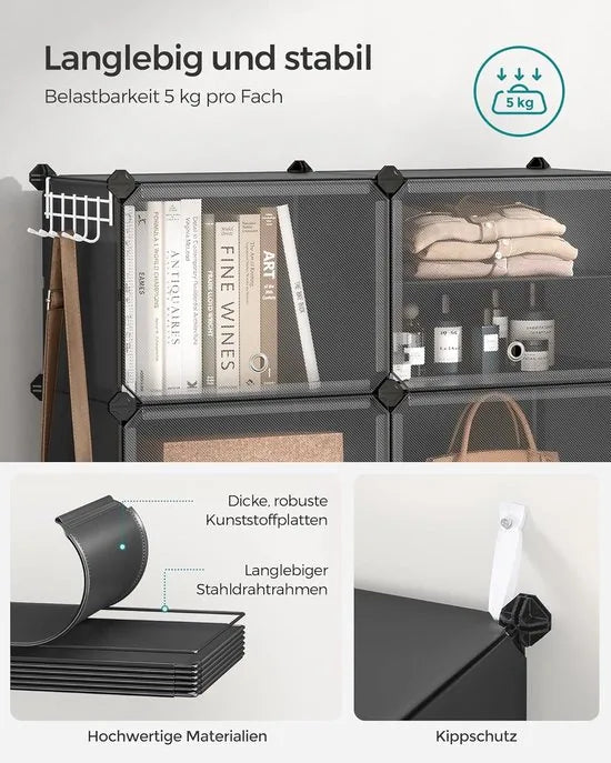 FurnStar - Schoenenrek met 8 vakken - schoenenkast - 30 x 40 x 30 cm per vak - smal - met deuren - stalen frame - kunststof - voor hal - slaapkamer - entree - zwart