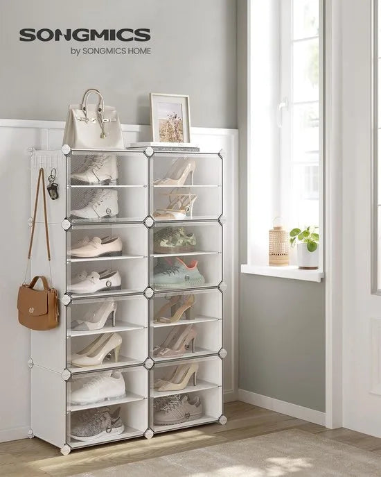 FurnStar - Schoenenrek met 8 vakken - schoenenkast - 30 x 40 x 30 cm per vak - smal - met deuren - stalen frame - kunststof - voor hal - slaapkamer - entree - zwart – Wit