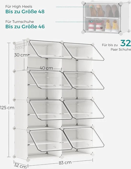 FurnStar - Schoenenrek met 8 vakken - schoenenkast - 30 x 40 x 30 cm per vak - smal - met deuren - stalen frame - kunststof - voor hal - slaapkamer - entree - wit