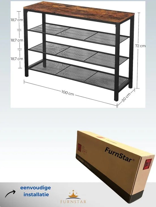 FurnStar schoenenrek met bankje - 100x30x72 cm - Bruin - Zwart
