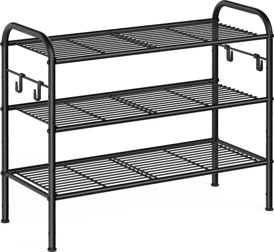FurnStar - Schoenenrek - Schoenenrek met 3 niveaus - Metalen plank met 4 zijhaken - Eenvoudige montage - 28 x 68 x 53 cm - Zwart