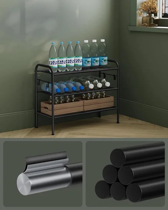 FurnStar - Schoenenrek - Schoenenrek met 3 niveaus - Metalen plank met 4 zijhaken - Eenvoudige montage - 28 x 68 x 53 cm - Zwart