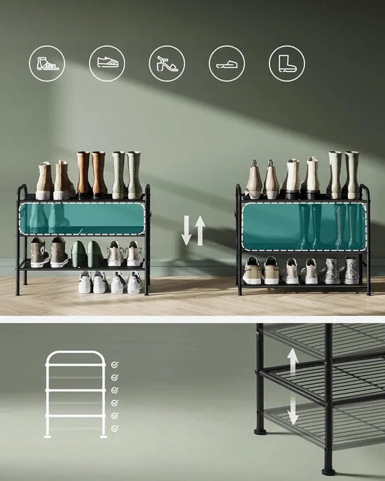 FurnStar - Schoenenrek - Schoenenrek met 3 niveaus - Metalen plank met 4 zijhaken - Eenvoudige montage - 28 x 68 x 53 cm - Zwart