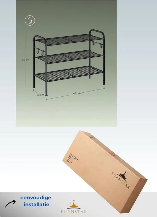 FurnStar - Schoenenrek - Schoenenrek met 3 niveaus - Metalen plank met 4 zijhaken - Eenvoudige montage - 28 x 68 x 53 cm - Zwart