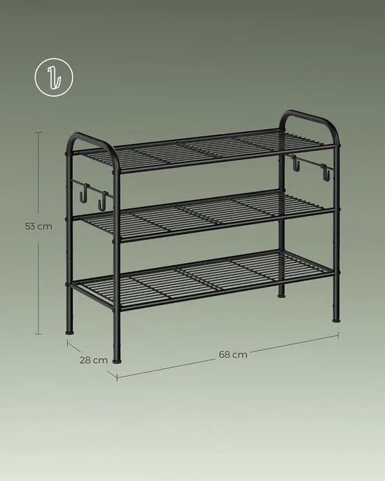 FurnStar - Schoenenrek - Schoenenrek met 3 niveaus - Metalen plank met 4 zijhaken - Eenvoudige montage - 28 x 68 x 53 cm - Zwart