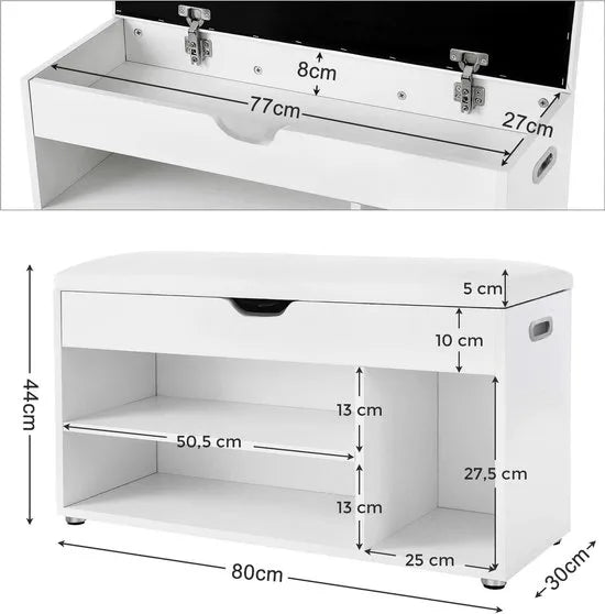 FurnStar - schoffelbank met zitkussen - 3-vakskist - bank voor het opbergen van schoenen met zitting - 2 treden - halmeubel - wit maximale belasting 150 kg - 80x44x30 cm - Wit