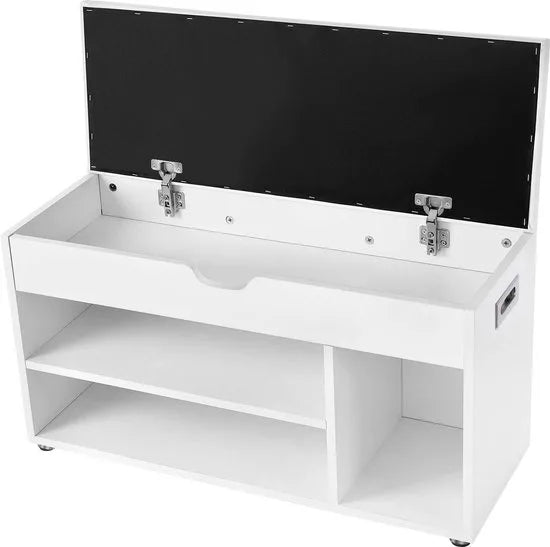 FurnStar - schoffelbank met zitkussen - 3-vakskist - bank voor het opbergen van schoenen met zitting - 2 treden - halmeubel - wit maximale belasting 150 kg - 80x44x30 cm - Wit