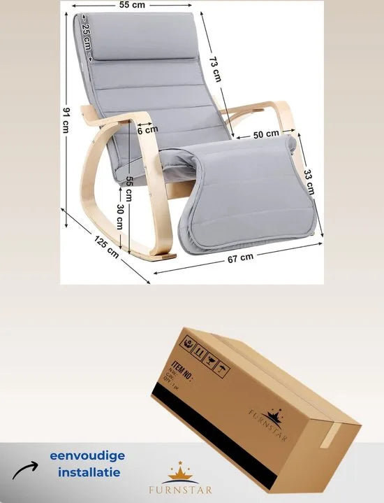 FurnStar - Schommelstoel - Ligstoel - 5-voudig verstelbare voetenbank, draagvermogen tot 150 kg - 67 x 125 x 91 cm - Lichtgrijs