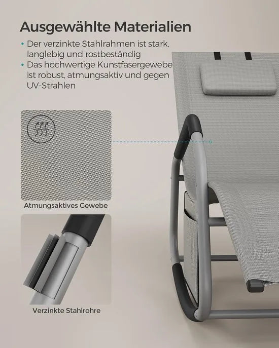 FurnStar Schommelstoel – Ligstoel met Verstelbare Hoofdsteun – Stopper voor Kantelbeveiliging – Ergonomisch Design – Zijvak – Ademend Kunstvezelweefsel – 151 x 56 x 90 cm – Duifgrijs