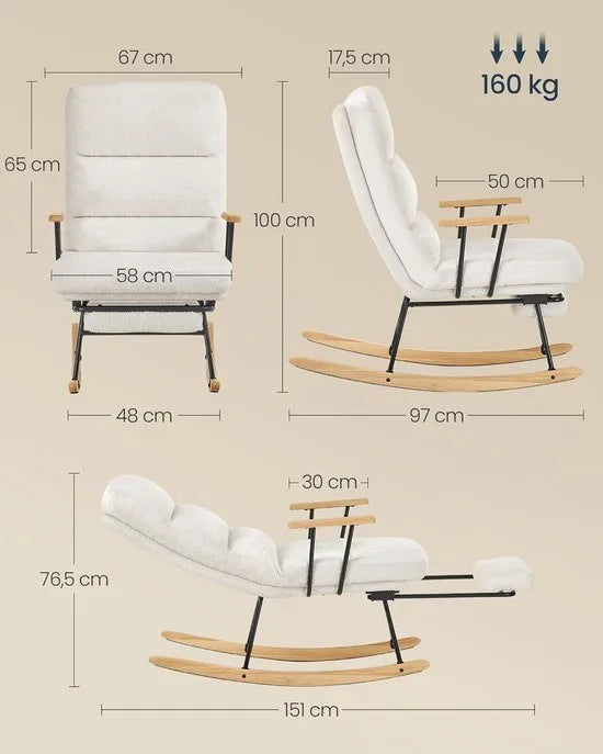Furnstar Schommelstoel met Voetensteun – Verstelbare Relaxstoel – Fleece Bekleding – 4 Standen – Tot 160 kg – Crèmewit