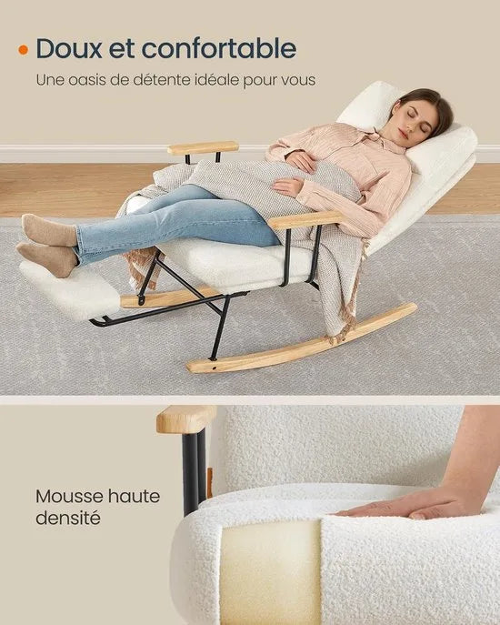 Furnstar Schommelstoel met Voetensteun – Verstelbare Relaxstoel – Fleece Bekleding – 4 Standen – Tot 160 kg – Crèmewit