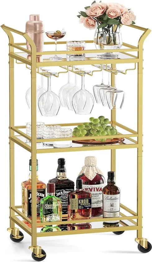 FurnStar - Serveerwagen - 3 niveaus - rolwagen - met wieltjes - handgrepen - spiegelglazen planken - voor kleine ruimtes - keuken - eetkamer - bar - 30 x 46,8 x 92 cm - goudkleurig