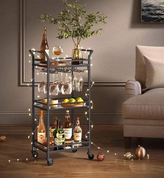 FurnStar - Serveerwagen - 3 niveaus - rolwagen - met wieltjes - handgrepen - spiegelglazen planken - voor kleine ruimtes - keuken - eetkamer - bar - 30 x 46,8 x 92 cm - Zwart