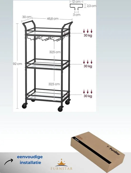 FurnStar - Serveerwagen - 3 niveaus - rolwagen - met wieltjes - handgrepen - spiegelglazen planken - voor kleine ruimtes - keuken - eetkamer - bar - 30 x 46,8 x 92 cm - Zwart
