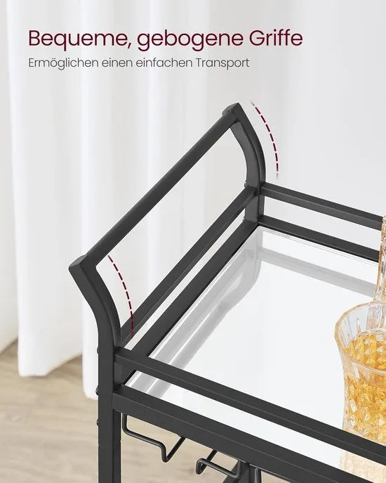 FurnStar - Serveerwagen - 3 niveaus - rolwagen - met wieltjes - handgrepen - spiegelglazen planken - voor kleine ruimtes - keuken - eetkamer - bar - 30 x 46,8 x 92 cm - Zwart