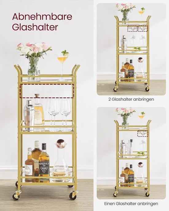 FurnStar - Serveerwagen - 3 niveaus - rolwagen - met wieltjes - handgrepen - spiegelglazen planken - voor kleine ruimtes - keuken - eetkamer - bar - 30 x 46,8 x 92 cm - goudkleurig
