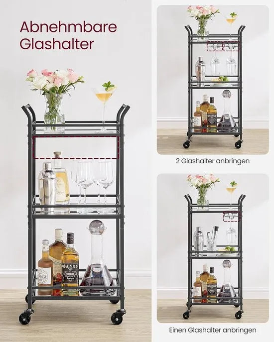 FurnStar - Serveerwagen - 3 niveaus - rolwagen - met wieltjes - handgrepen - spiegelglazen planken - voor kleine ruimtes - keuken - eetkamer - bar - 30 x 46,8 x 92 cm - Zwart