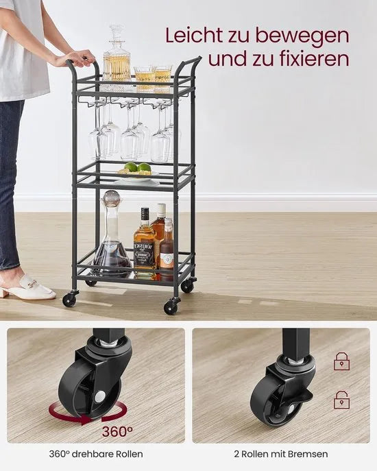 FurnStar - Serveerwagen - 3 niveaus - rolwagen - met wieltjes - handgrepen - spiegelglazen planken - voor kleine ruimtes - keuken - eetkamer - bar - 30 x 46,8 x 92 cm - Zwart