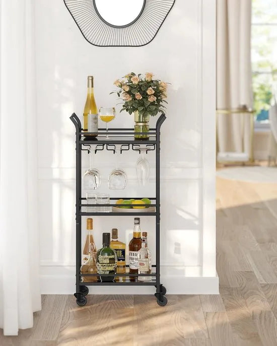 FurnStar - Serveerwagen - 3 niveaus - rolwagen - met wieltjes - handgrepen - spiegelglazen planken - voor kleine ruimtes - keuken - eetkamer - bar - 30 x 46,8 x 92 cm - Zwart