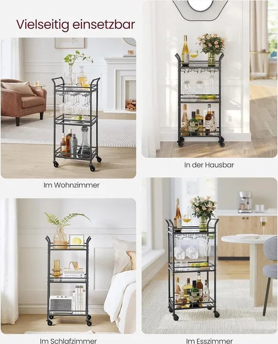 FurnStar - Serveerwagen - 3 niveaus - rolwagen - met wieltjes - handgrepen - spiegelglazen planken - voor kleine ruimtes - keuken - eetkamer - bar - 30 x 46,8 x 92 cm - Zwart