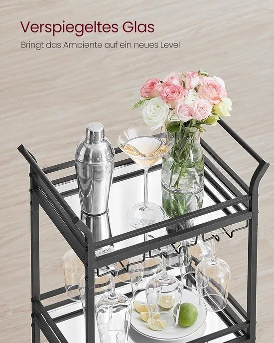 FurnStar - Serveerwagen - 3 niveaus - rolwagen - met wieltjes - handgrepen - spiegelglazen planken - voor kleine ruimtes - keuken - eetkamer - bar - 30 x 46,8 x 92 cm - Zwart