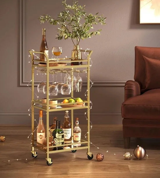 FurnStar - Serveerwagen - 3 niveaus - rolwagen - met wieltjes - handgrepen - spiegelglazen planken - voor kleine ruimtes - keuken - eetkamer - bar - 30 x 46,8 x 92 cm - goudkleurig