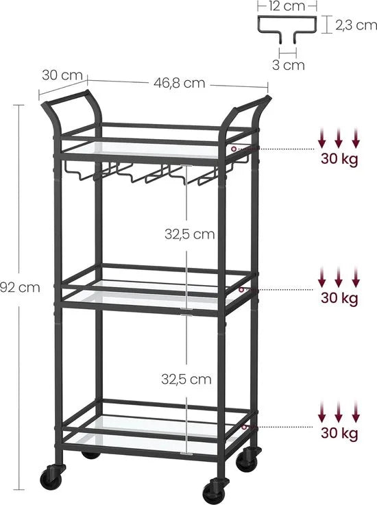FurnStar - Serveerwagen - 3 niveaus - rolwagen - met wieltjes - handgrepen - spiegelglazen planken - voor kleine ruimtes - keuken - eetkamer - bar - 30 x 46,8 x 92 cm - Zwart