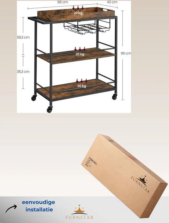 FurnStar - Serveerwagen - Keukentrolley - Afneembaar Dienblad - Met Verstelbare Poten en Wielen - Keukenrek - Stalen Frame - 40 x 88 x 96 cm - Industrieel Design - Vintage Bruin-Zwart