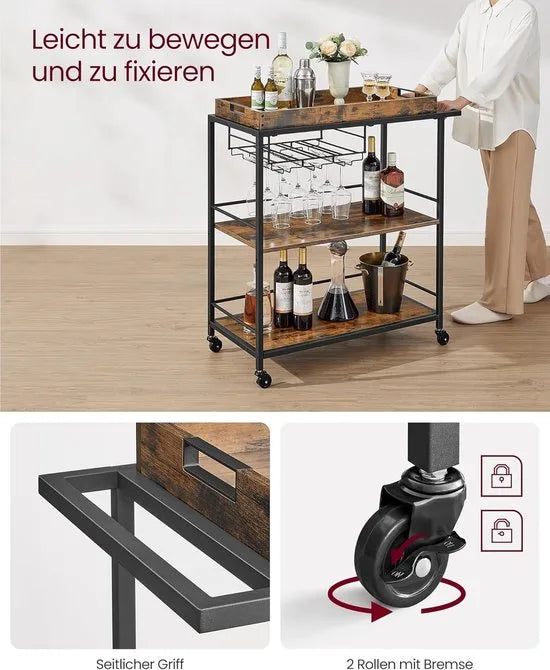 FurnStar - Serveerwagen - Keukentrolley - Afneembaar Dienblad - Met Verstelbare Poten en Wielen - Keukenrek - Stalen Frame - 40 x 88 x 96 cm - Industrieel Design - Vintage Bruin-Zwart
