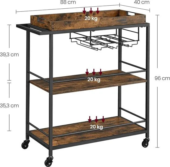 FurnStar - Serveerwagen - Keukentrolley - Afneembaar Dienblad - Met Verstelbare Poten en Wielen - Keukenrek - Stalen Frame - 40 x 88 x 96 cm - Industrieel Design - Vintage Bruin-Zwart