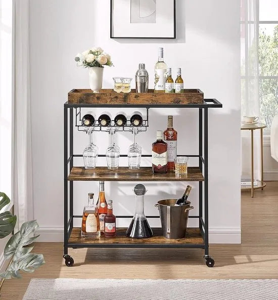 FurnStar - Serveerwagen - Keukentrolley - Afneembaar Dienblad - Met Verstelbare Poten en Wielen - Keukenrek - Stalen Frame - 40 x 88 x 96 cm - Industrieel Design - Vintage Bruin-Zwart