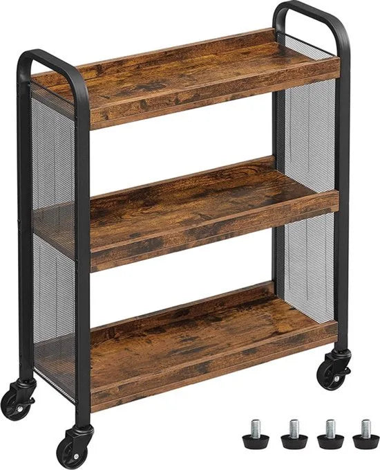 FurnStar serveerwagen -Ruimtebesparende keukenwagen met universele wielen - Keukenplank met verstelbare poten - Stevig metalen frame - 66 x 26 x 85 cm - Industrieel ontwerp - Vintage, donkerbruin