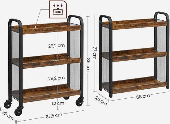 FurnStar serveerwagen -Ruimtebesparende keukenwagen met universele wielen - Keukenplank met verstelbare poten - Stevig metalen frame - 66 x 26 x 85 cm - Industrieel ontwerp - Vintage, donkerbruin