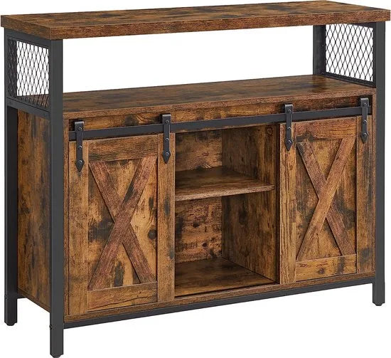 FurnStar - Sideboard - Kitchen Cabinet Storage Cabinet with 2 Sliding Doors - Adjustable Shelf -Industrial Living Room - 100x33x80 cm - Vintage Brown-Black