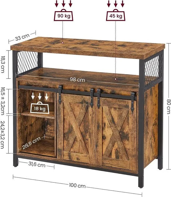 FurnStar - Sideboard - Kitchen Cabinet Storage Cabinet with 2 Sliding Doors - Adjustable Shelf -Industrial Living Room - 100x33x80 cm - Vintage Brown-Black