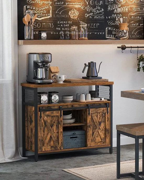 FurnStar - Sideboard - Kitchen Cabinet Storage Cabinet with 2 Sliding Doors - Adjustable Shelf -Industrial Living Room - 100x33x80 cm - Vintage Brown-Black