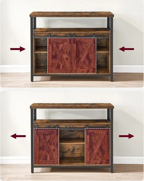 FurnStar - Sideboard - Kitchen Cabinet Storage Cabinet with 2 Sliding Doors - Adjustable Shelf -Industrial Living Room - 100x33x80 cm - Vintage Brown-Black