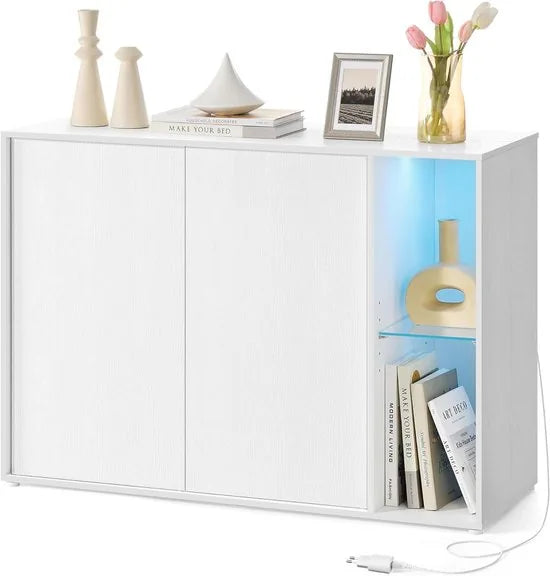 FurnStar - Sideboard -Supersnelle montage zonder gereedschap - Opbergkast met verlichting - TV-meubel - Glazen plank - 100 x 39 x 71 cm - Sneeuwwit