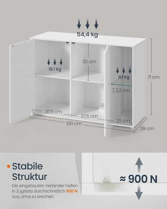 FurnStar - Sideboard -Supersnelle montage zonder gereedschap - Opbergkast met verlichting - TV-meubel - Glazen plank - 100 x 39 x 71 cm - Sneeuwwit
