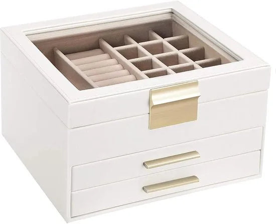 FurnStar - Sieradendoos met Glazen deksel - 3-laags Sieradenorganizer met 2 lades - Sieradenopslag - Opbergruimte - Modern - Cadeau-idee - 20 -3 x 23 -1 x 13 -5 cm - Wolwit en goud