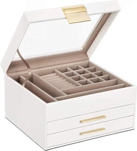 FurnStar - Sieradendoos met Glazen deksel - 3-laags Sieradenorganizer met 2 lades - Sieradenopslag - Opbergruimte - Modern - Cadeau-idee - 20 -3 x 23 -1 x 13 -5 cm - Wolwit en goud