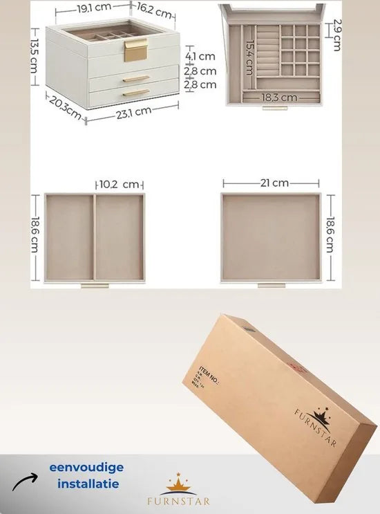 FurnStar - Sieradendoos met Glazen deksel - 3-laags Sieradenorganizer met 2 lades - Sieradenopslag - Opbergruimte - Modern - Cadeau-idee - 20 -3 x 23 -1 x 13 -5 cm - Wolwit en goud